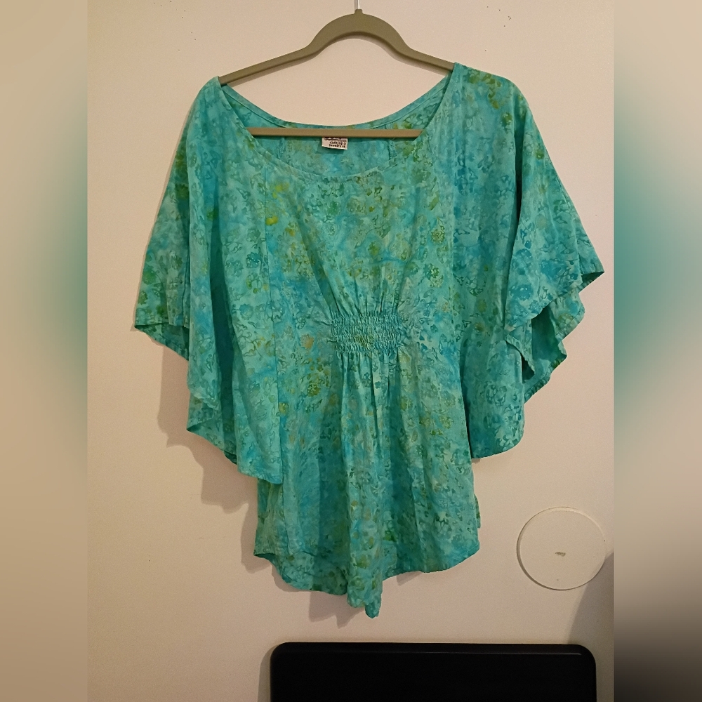 Go Fish Women's‎ Elegant Kaftan  Teal Floral Blouse 100% Rayon Sz M
